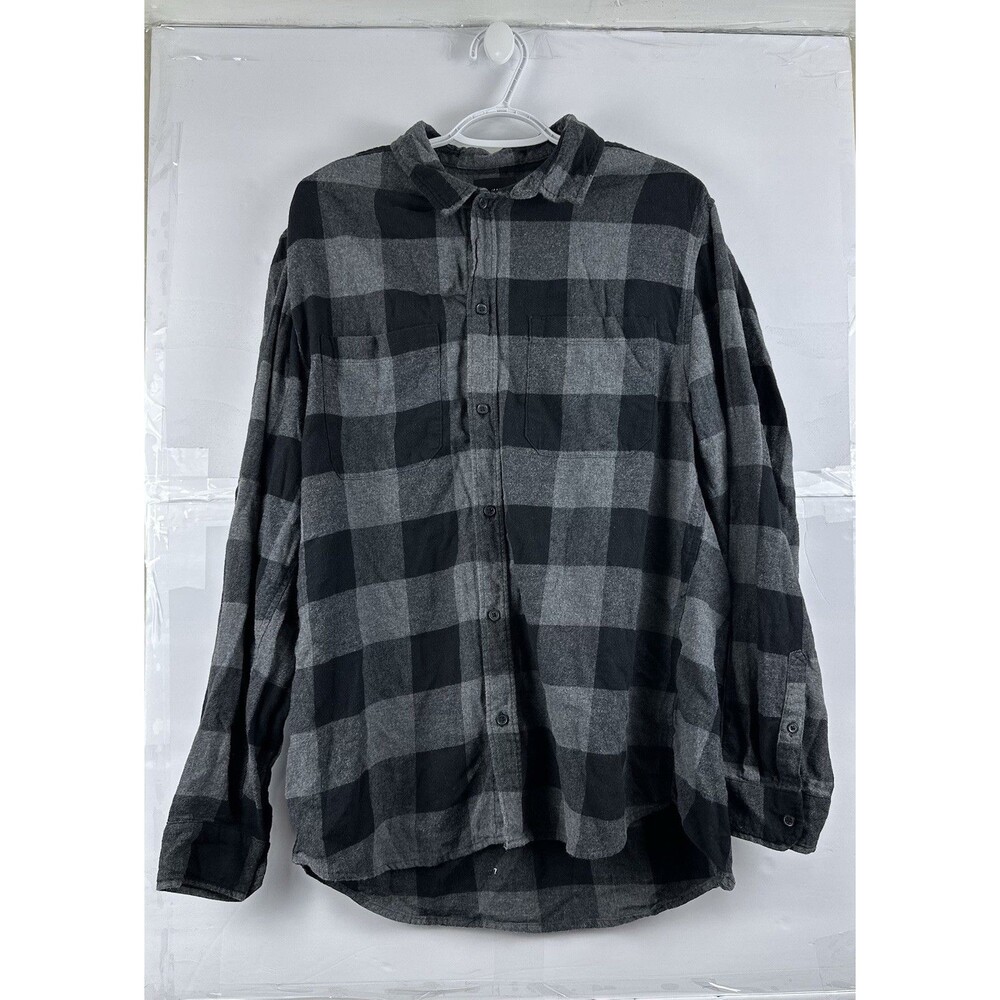 H&M Men’s Flannel Shirt Grey Black Buffalo Plaid Button Up Size L